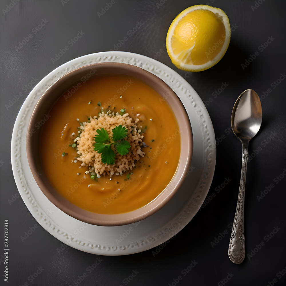 Pumpkin soup with couscous, lemon and parsley on a gray background Pumpkin soup with couscous, lemon and parsley on a gray background