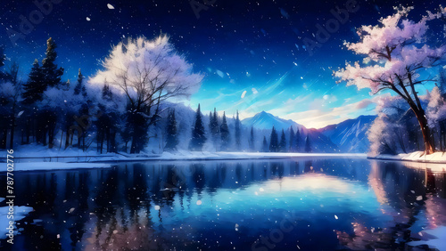 night landscape with trees and water © zone