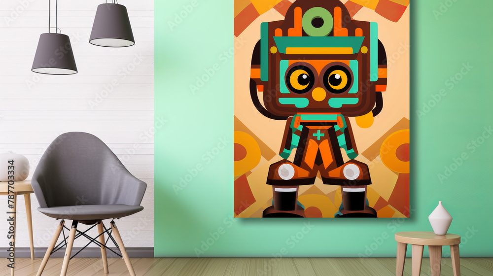 A robot is standing in front of a green wall A robot is standing in front of a green wall