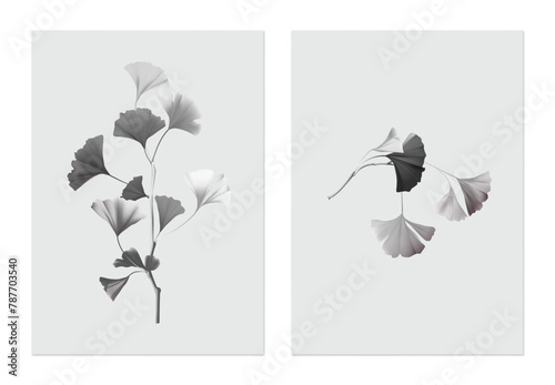 Leaves poster template, black and white ginkgo leaf branch on grey © momosama