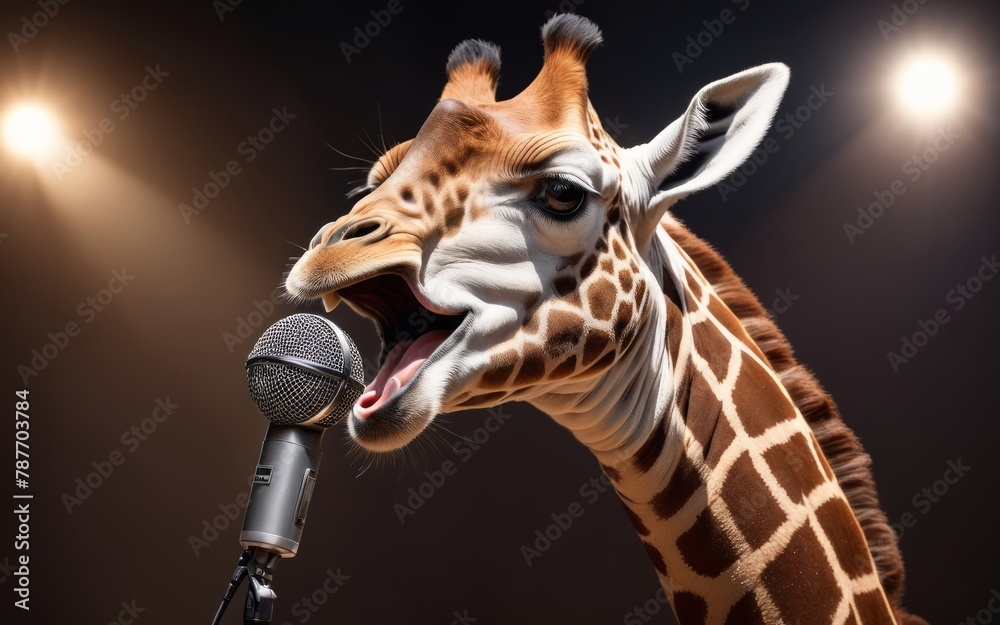 Naklejka premium funny giraffe sings karaoke into vintage microphone screaming into microphone