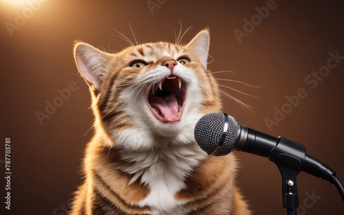 funny cat sings karaoke into vintage microphone screaming into microphone