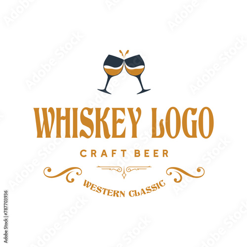 Vintage whiskey logo premium glass or beer with bars, cafes, drinks, clubs, companies