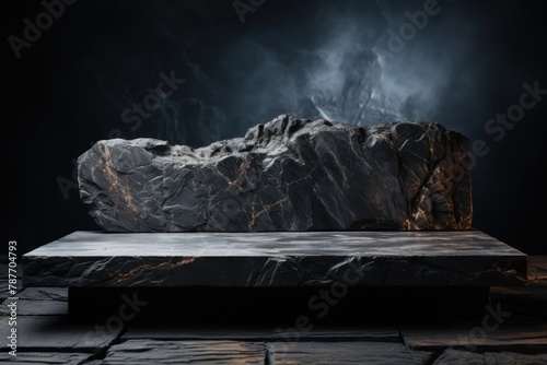 Product display, empty Black Marble podium display stand for product display against a backdrop of black rock boulder.