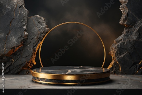 Product display mockup, empty Black stone and gold cylinder podium display stand for product display against a backdrop of black rock boulder, Cosmetic showcase.