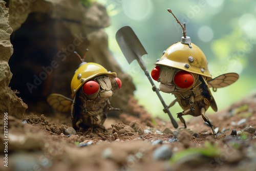 Cicadas wearing mining helmets digging their way out to swarm the earth photo