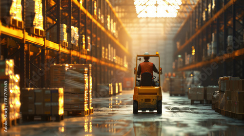 Capture the triumphs of fatigue management with a determined forklift operator in a bustling warehouse, AI generative.