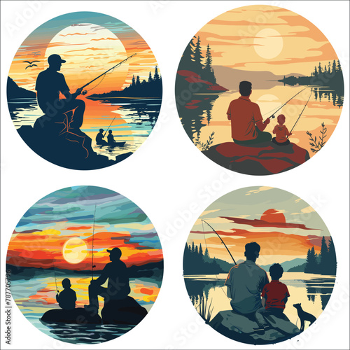 Father and son sitting together on rocks fishing with rods in calm lake waters with landscape of setting sun, Summer ads, Logo, Posters, Label, T-shirt