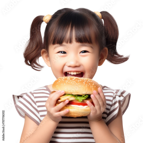 PNG Cute little asian girl enjoy eating a hamburger have fun child food cute. 