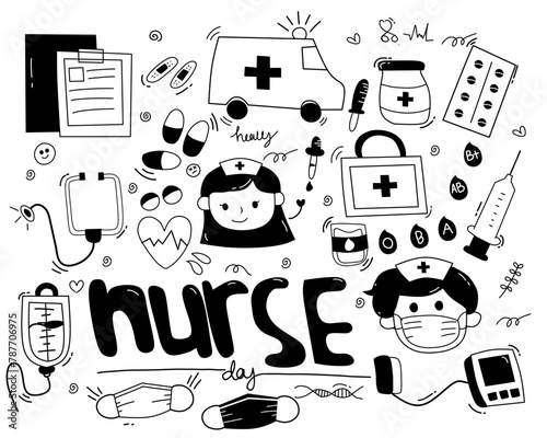 Hand drawn set of Medical doodle objects, elements and items. International nurse day. Isolated vector symbols on white background.