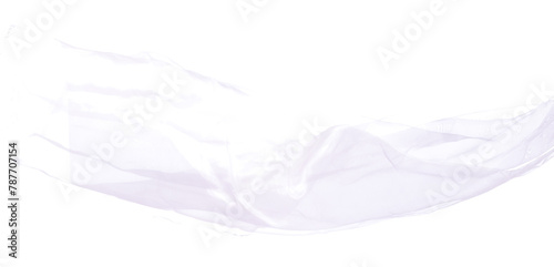 Purple Violet Organza fabric flying in curve shape, Piece of textile blue sky organza fabric throw fall in air. White background isolated motion blur