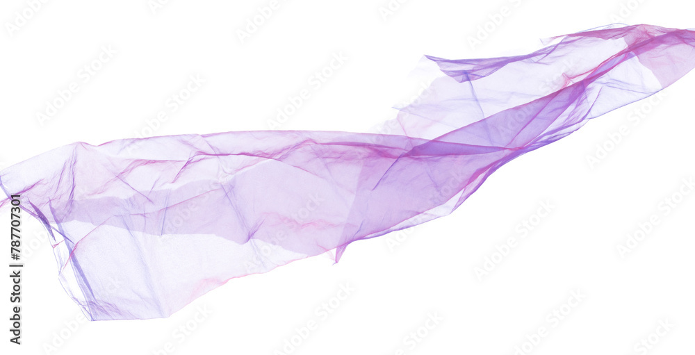 Purple Violet Organza fabric flying in curve shape, Piece of textile blue sky organza fabric throw fall in air. White background isolated motion blur Purple Violet Organza fabric flying in curve shape, Piece of textile blue sky organza fabric throw fall in air. White background isolated motion blur