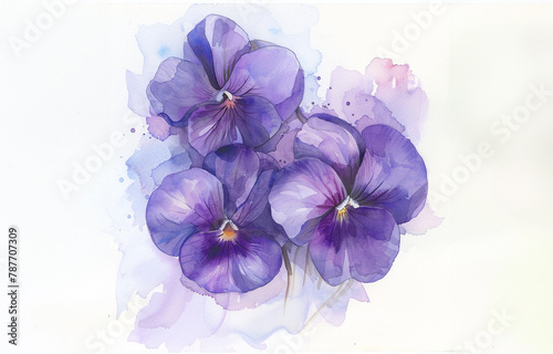 Water color painting of purple violets isolated on a white background.