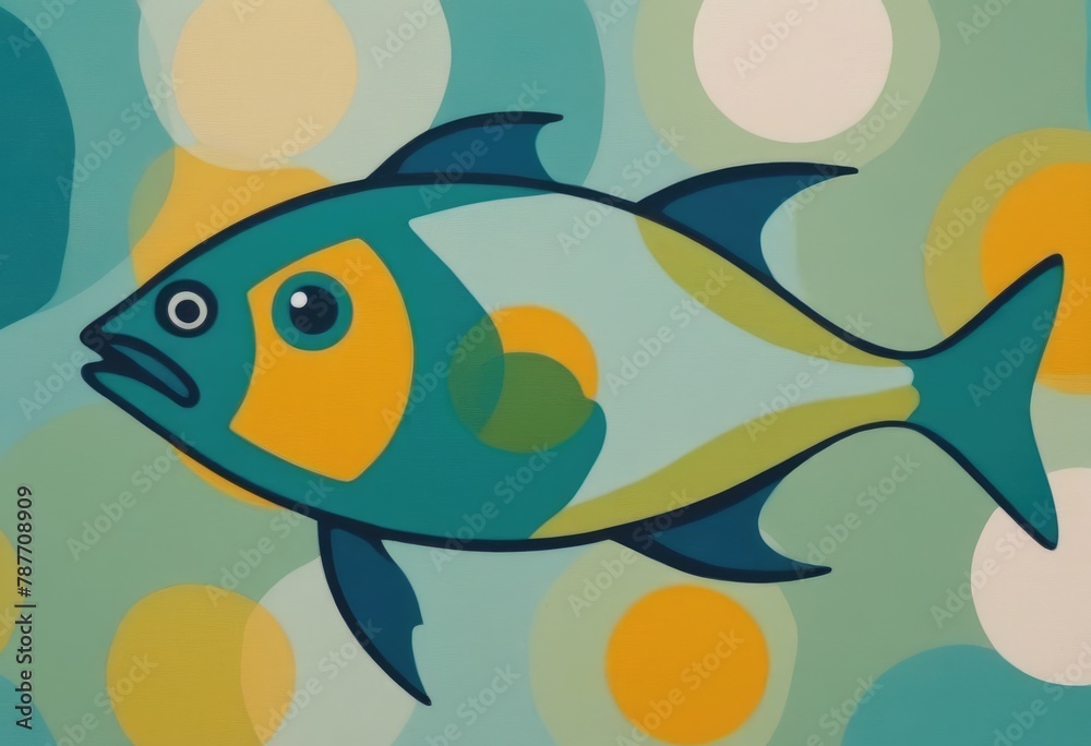 Naklejka premium pattern of bubbles in different shades of sea green, overlaid with a playful multicolored painting of a fish swimming