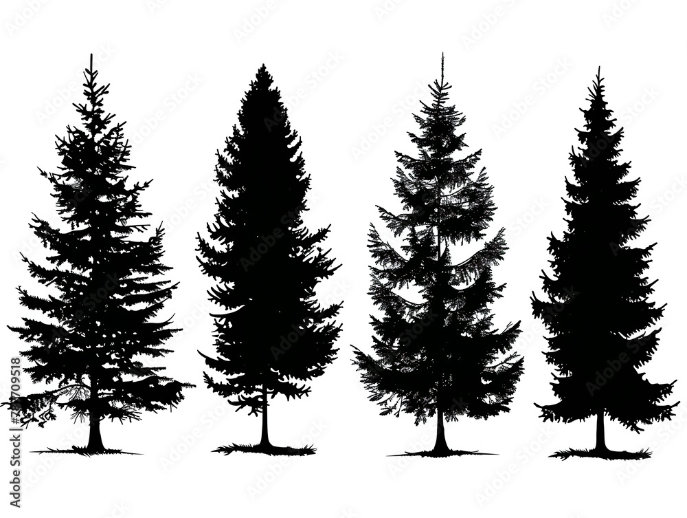 silhouettes of pine trees on white