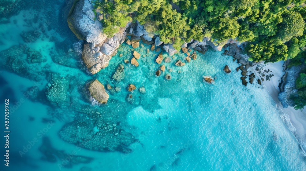 Aerial view of a tranquil cove with crystal clear turquoise waters and lush greenery