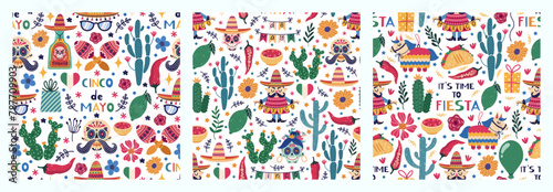 Mexico seamless vector patterns set. Carnival celebration - tequila, lime, taco, sugar skulls, cacti, flowers, maracas, pinata, sombrero. Fiesta, Cinco de Mayo holiday on May 5th. Cartoon backgrounds