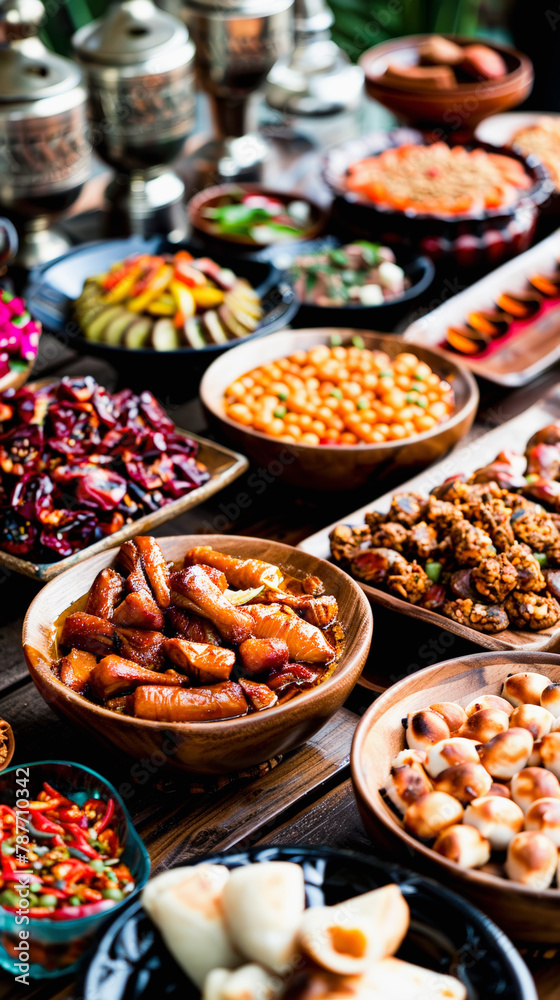 A variety of delicious Middle Eastern dishes displayed in an assortment, featuring meats, grains, vegetables, and dips.