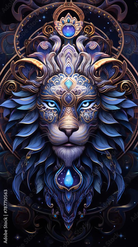 A blue lion with a blue eye and a blue tail