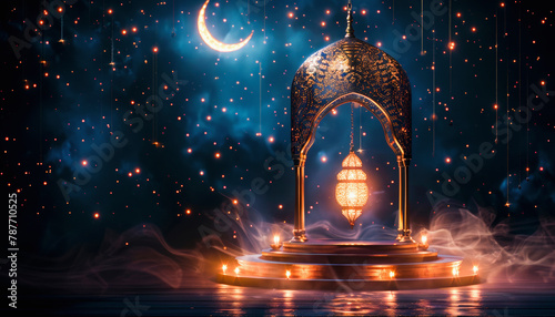 A mystical lantern hanging within an ornate arch, glowing amidst a surreal starry backdrop with a crescent moon illuminating. photo