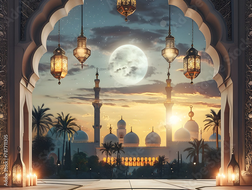 Enchanting Arabian Night Scene with Illuminated Mosque and Hanging Lanterns under a Crescent Moon photo