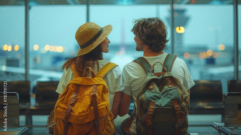 Obraz premium happy couple with a backpack stands at the airport near the departure board, looking to departure board. Summer travel concept.