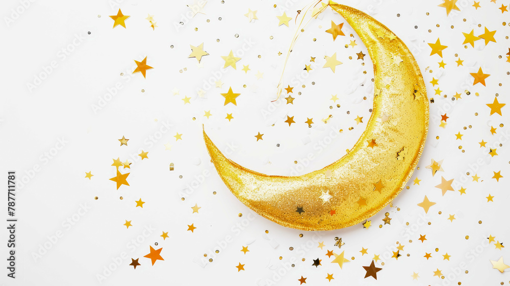 Golden crescent moon decoration surrounded by scattered golden stars on a white background, festive or celestial celebration theme.