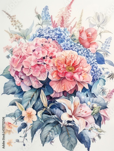 A vibrant and meticulously detailed floral illustration featuring a variety of blooming flowers in soft pastel tones  evoking a feeling of elegance and tranquility