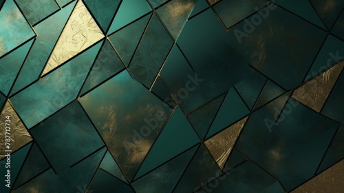 Luxury abstract and geometric background in gold and green colors with metallic texture