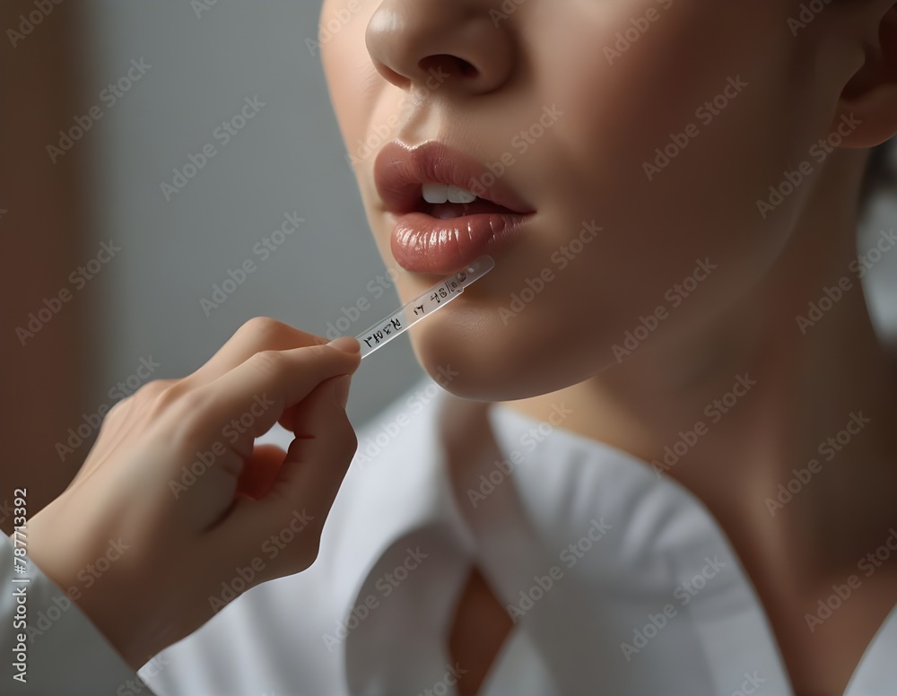 Doctor's hand taking Saliva test from young woman's mouth with Cotton Swab. Coronavirus Throat sample Collection. Close-up views.
