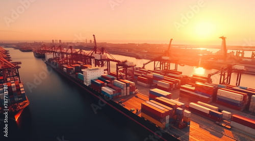 Aerial view of a cargo container ship. Take seaport cargo terminal, harbor crane. Global freight logistics concept.
