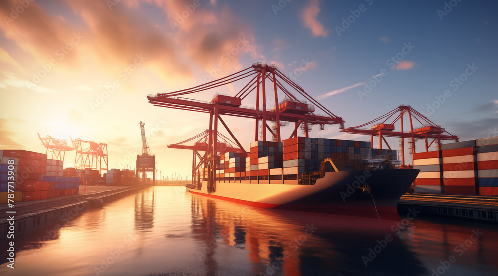 Container ship at the berth in cargo terminal of the port under loading or unloading. Port cranes load containers, place them in rows on the deck of the vessel. International freight shipping concept. - obrazy, fototapety, plakaty 