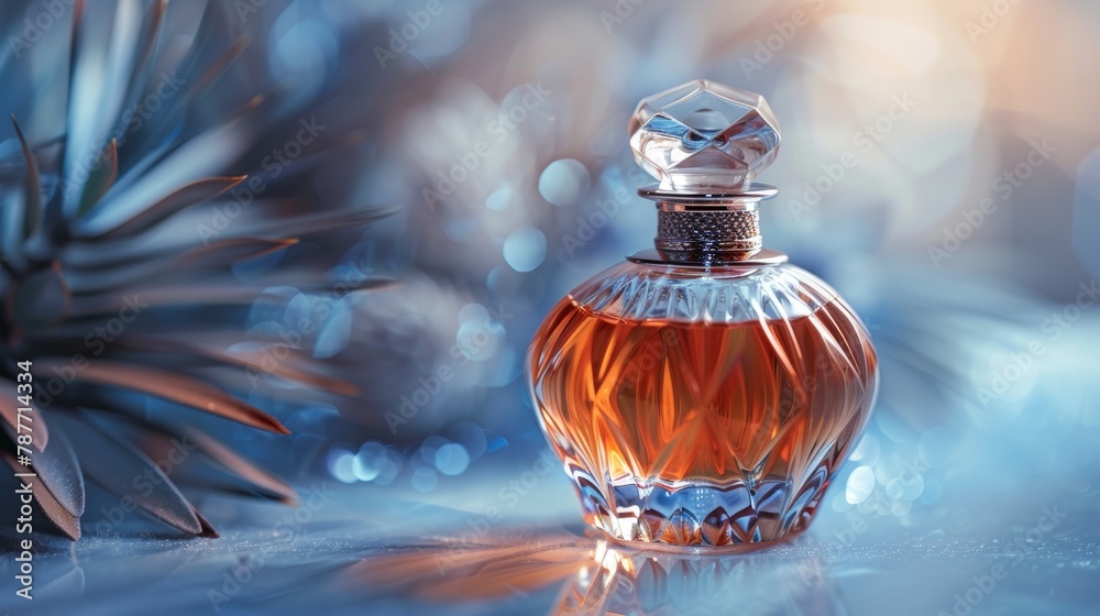 Elegant glass perfume bottle amidst a serene blue setting with botanical elements
Elegant glass perfume bottle amidst a serene blue setting with botanical elements