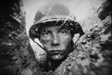 An emotional photo of a soldier from the Second Great War: a tragic wartime experience, a compelling portrait reflecting the depth of suffering and heroism in the struggle for freedom.