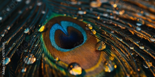 Close-up of a colorful peacock feather glistening with water droplets, showcasing the intricate patterns and vibrant hues © gunzexx