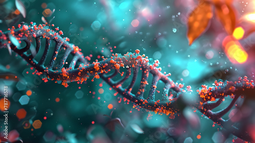 3D rendering of a DNA double helix structure with intricate details highlighted in red and blue, surrounded by a dynamic, bokeh background. 
