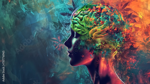 Artistic representation of a human profile with a colorful brain intertwined with cannabis leaves, symbolizing creativity and altered states. 