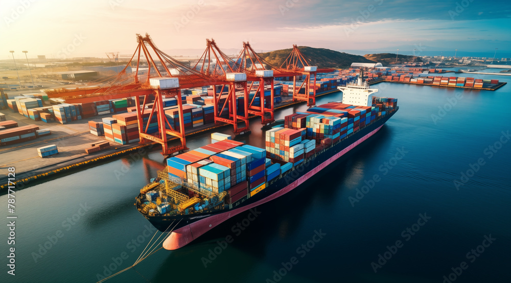 Aerial view of a cargo container ship. Take seaport cargo terminal, harbor crane. Global freight logistics concept. - obrazy, fototapety, plakaty 