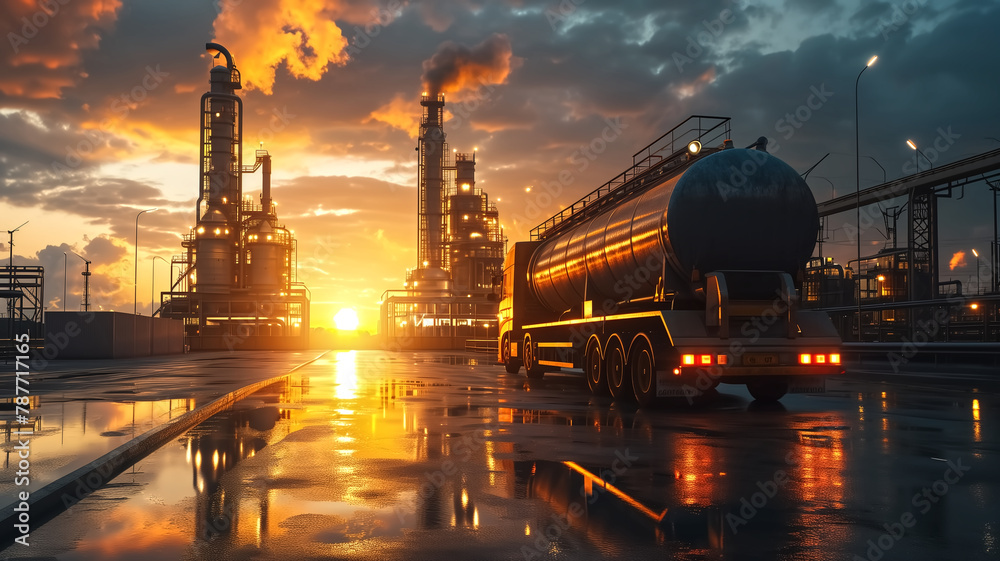 Fuel tanker truck at an industrial oil refinery at sunset. Industrial facility and transportation concept for design and print. Aerial perspective with copy space.