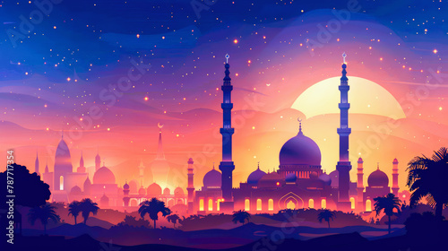 Illustration of a Middle Eastern skyline featuring mosques with domes and minarets, set against a sunset sky with stars. photo