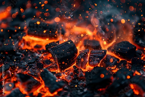 A pile of coal with fire and water in the background and orange and black flames in the foreground