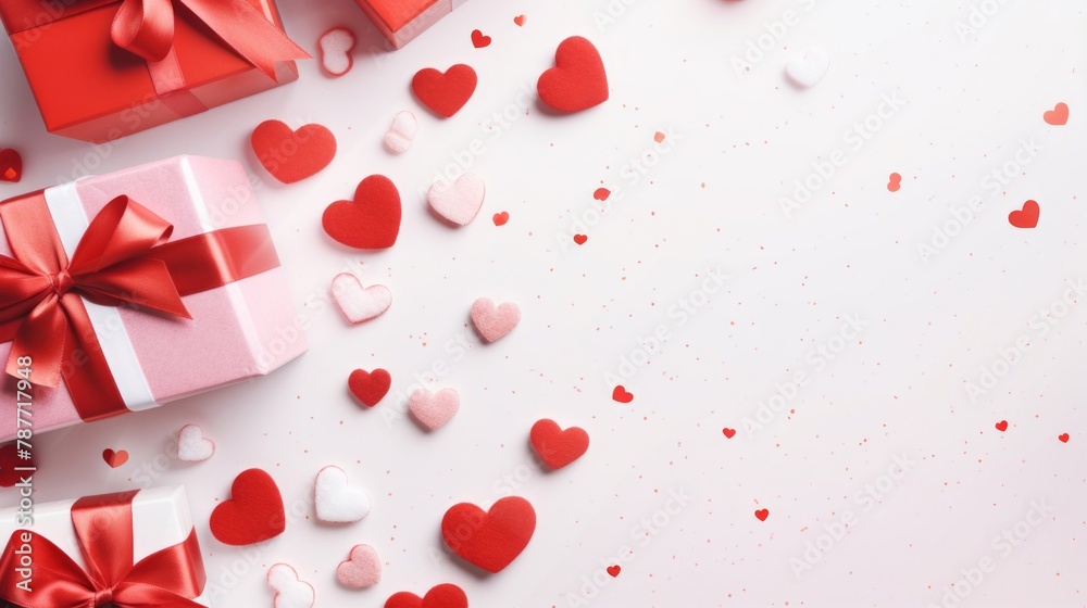 Valentine's Day background with gifts and hearts, in red and white, top view Valentine's Day background with gifts and hearts, in red and white, top view