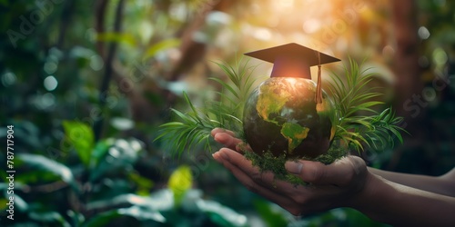 An image portraying a hand holding a green globe with graduation cap symbolizing education and environmental awareness © gunzexx