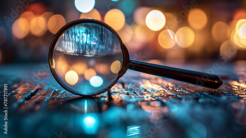 Magnifying glass on blue glitter surface with bokeh lights in the background. Close-up photography with selective focus. Investigation and detail concept for design and print.  photo