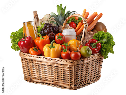 Basket full of groceries and vegetables isolated on transparent background