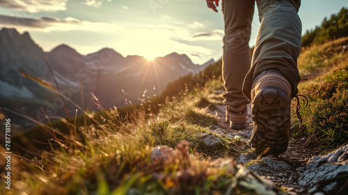 Close-up of hiker's boots on mountain trail at sunset. Adventure and hiking concept. Outdoor activity and exploration design for poster and banner. Ground level shot with sun flare. © nextzimost
