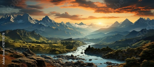 Fantastic Mountain Landscape With River High Peaks Sunset