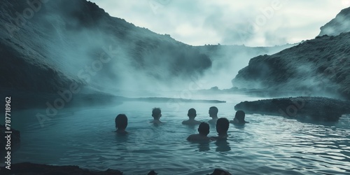Individuals immersed in a naturally heated geothermal spa surrounded by a mystical landscape of fog and rocky terrain