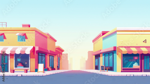 A colorful, deserted street with charming, pastel-hued buildings housing a cafe and a bakery, evoking a tranquil, early morning vibe. photo