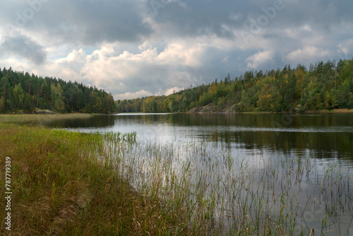 View from the shore of Lake Ladoga near the village of Lumivaara on a sunny autumn day, Ladoga skerries, Lahdenpohya, Republic of Karelia, Russia